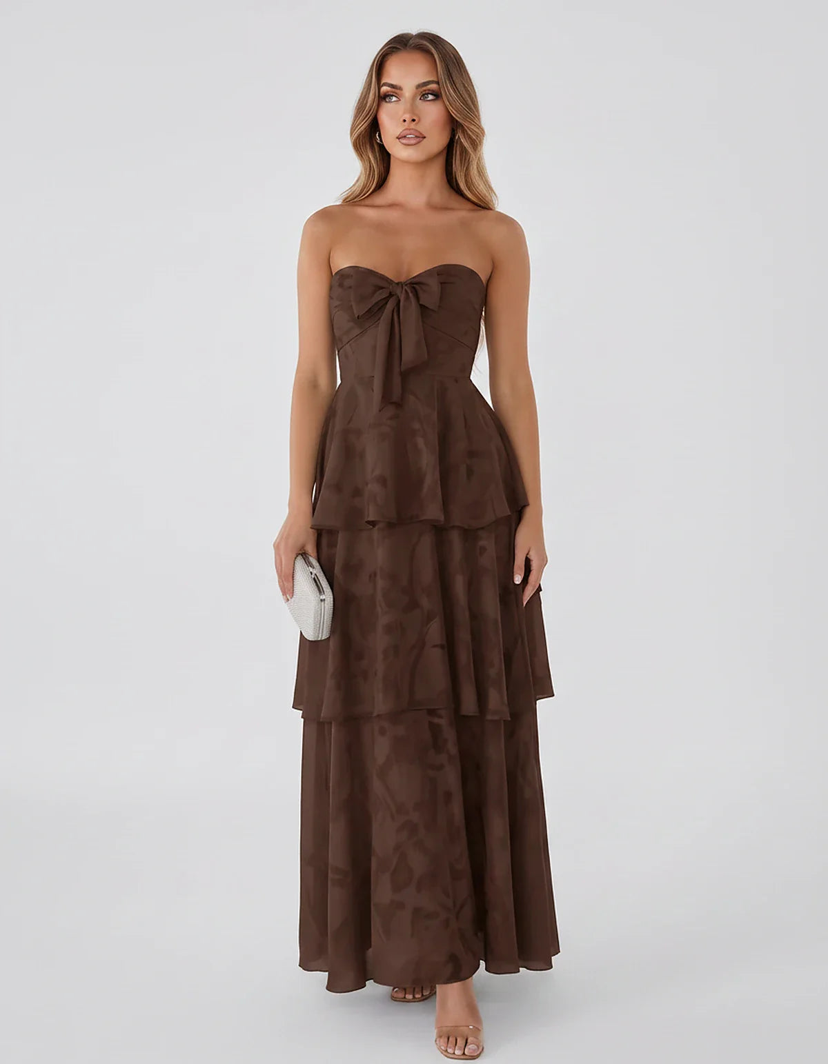 Jacquard Chiffon Sleeveless Sweetheart A-Line Maxi Dress for Party, Cocktail, Evening, Wedding Guest, Prom & Summer Events, f | SKU: SM-874531962847105-CHOCOLATE-L,SM-874531962847105-CHOCOLATE-M,SM-874531962847105-CHOCOLATE-S,SM-874531962847105-CHOCOLATE-XL,SM-874531962847105-CHOCOLATE-XS