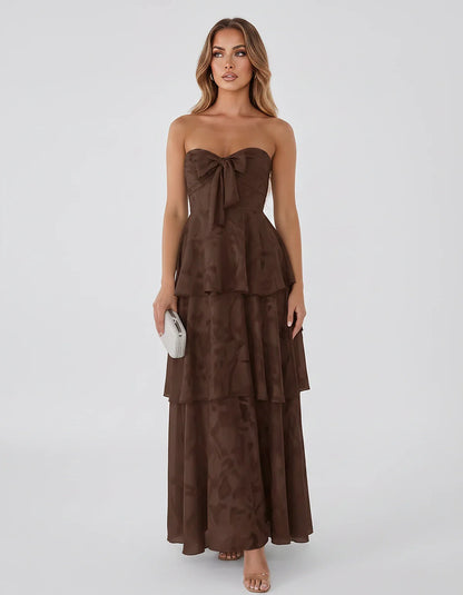 Jacquard Chiffon Sleeveless Sweetheart A-Line Maxi Dress for Party, Cocktail, Evening, Wedding Guest, Prom & Summer Events, f | SKU: SM-874531962847105-CHOCOLATE-L,SM-874531962847105-CHOCOLATE-M,SM-874531962847105-CHOCOLATE-S,SM-874531962847105-CHOCOLATE-XL,SM-874531962847105-CHOCOLATE-XS