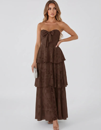 Jacquard Chiffon Sleeveless Sweetheart A-Line Maxi Dress for Party, Cocktail, Evening, Wedding Guest, Prom & Summer Events, f | SKU: SM-874531962847105-CHOCOLATE-L,SM-874531962847105-CHOCOLATE-M,SM-874531962847105-CHOCOLATE-S,SM-874531962847105-CHOCOLATE-XL,SM-874531962847105-CHOCOLATE-XS