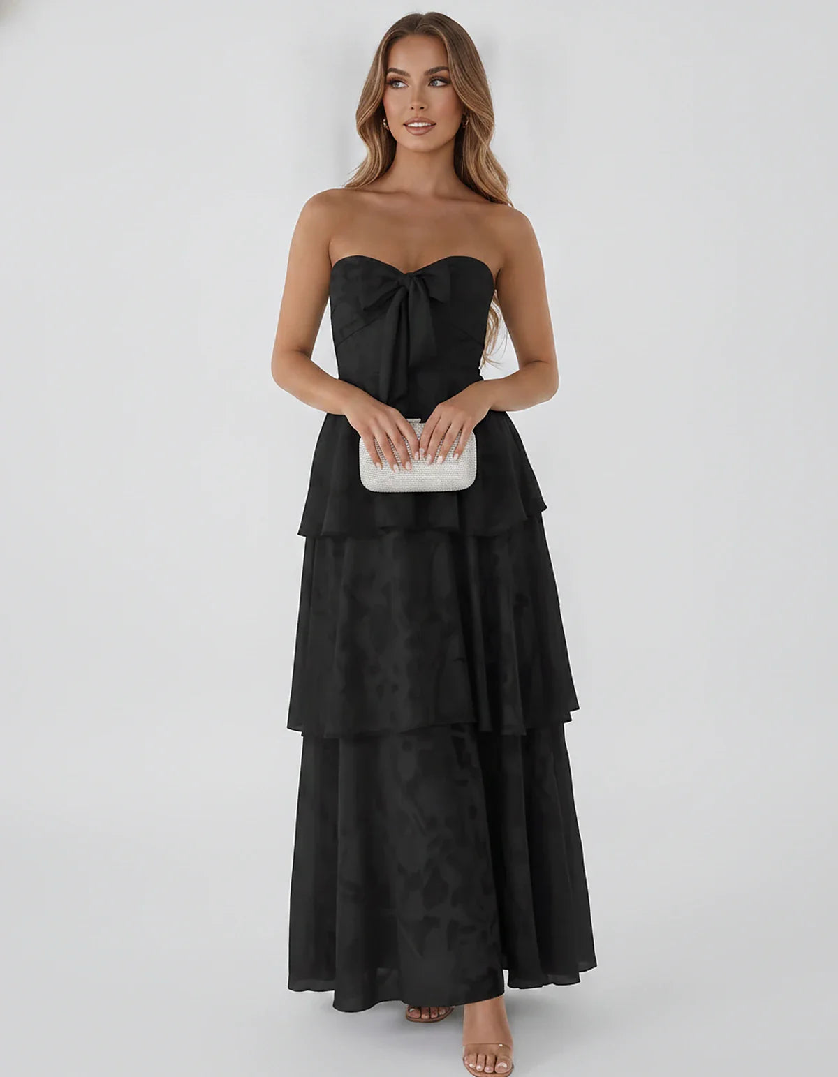 Jacquard Chiffon Sleeveless Sweetheart A-Line Maxi Dress for Party, Cocktail, Evening, Wedding Guest, Prom & Summer Events, f | SKU: SM-874531962847105-BLACK-L,SM-874531962847105-BLACK-M,SM-874531962847105-BLACK-S,SM-874531962847105-BLACK-XL,SM-874531962847105-BLACK-XS