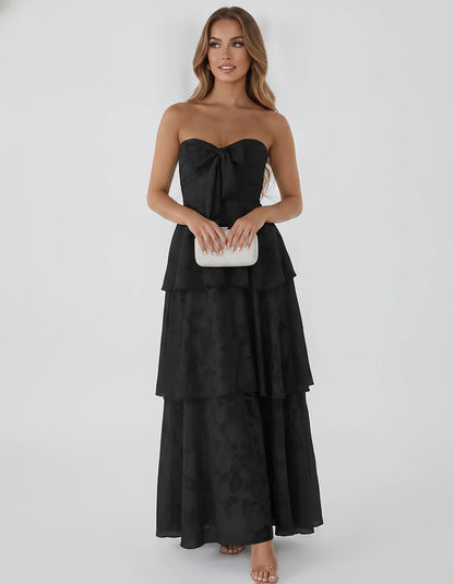 Jacquard Chiffon Sleeveless Sweetheart A-Line Maxi Dress for Party, Cocktail, Evening, Wedding Guest, Prom & Summer Events, f | SKU: SM-874531962847105-BLACK-L,SM-874531962847105-BLACK-M,SM-874531962847105-BLACK-S,SM-874531962847105-BLACK-XL,SM-874531962847105-BLACK-XS