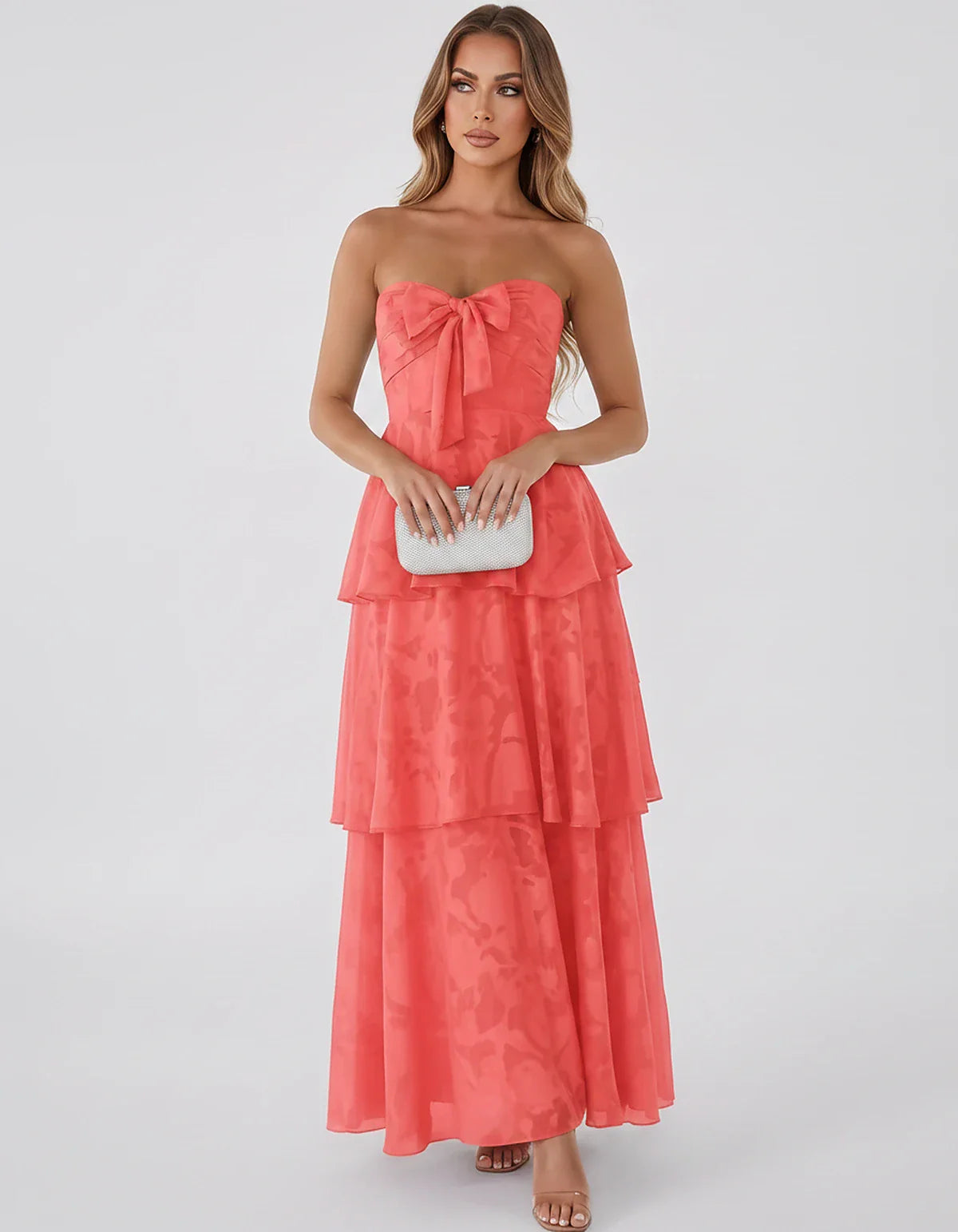 Jacquard Chiffon Sleeveless Sweetheart A-Line Maxi Dress for Party, Cocktail, Evening, Wedding Guest, Prom & Summer Events, f | SKU: SM-874531962847105-CORAL-L,SM-874531962847105-CORAL-M,SM-874531962847105-CORAL-S,SM-874531962847105-CORAL-XL,SM-874531962847105-CORAL-XS