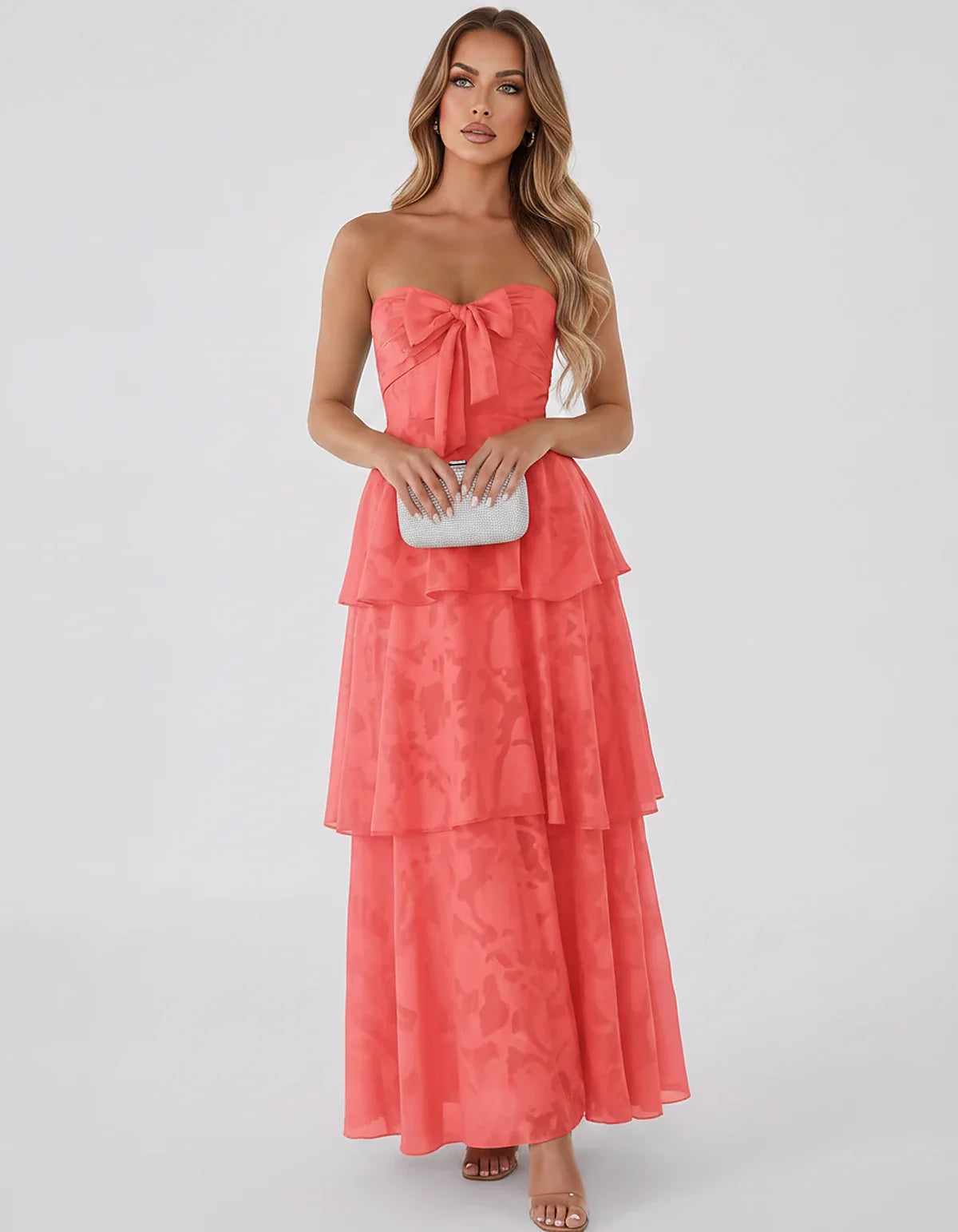 Jacquard Chiffon Sleeveless Sweetheart A-Line Maxi Dress for Party, Cocktail, Evening, Wedding Guest, Prom & Summer Events, f | SKU: SM-874531962847105-CORAL-L,SM-874531962847105-CORAL-M,SM-874531962847105-CORAL-S,SM-874531962847105-CORAL-XL,SM-874531962847105-CORAL-XS