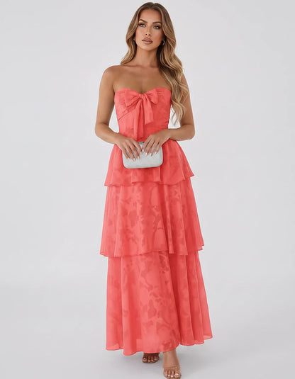Jacquard Chiffon Sleeveless Sweetheart A-Line Maxi Dress for Party, Cocktail, Evening, Wedding Guest, Prom & Summer Events, f | SKU: SM-874531962847105-CORAL-L,SM-874531962847105-CORAL-M,SM-874531962847105-CORAL-S,SM-874531962847105-CORAL-XL,SM-874531962847105-CORAL-XS
