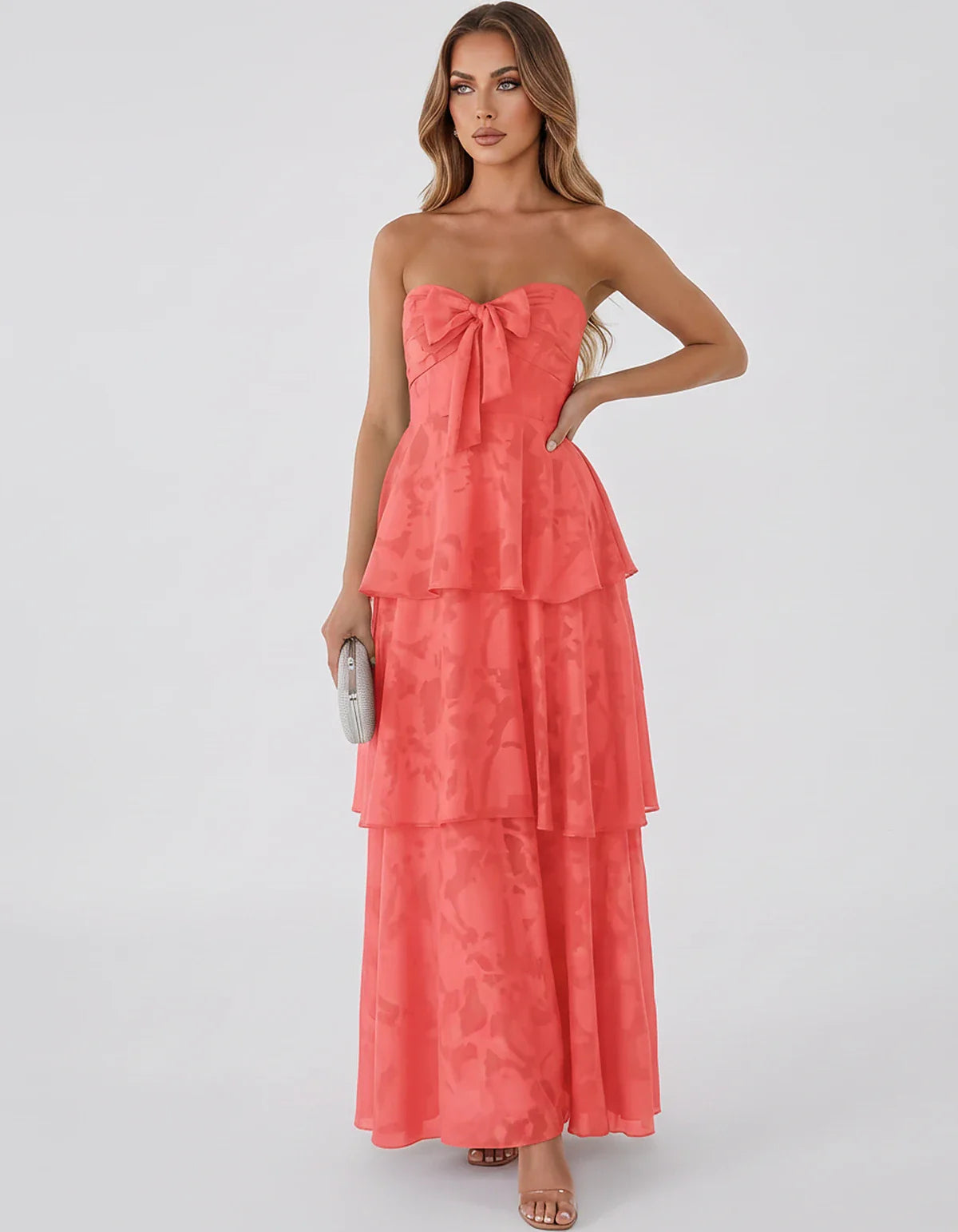 Jacquard Chiffon Sleeveless Sweetheart A-Line Maxi Dress for Party, Cocktail, Evening, Wedding Guest, Prom & Summer Events, f | SKU: SM-874531962847105-CORAL-L,SM-874531962847105-CORAL-M,SM-874531962847105-CORAL-S,SM-874531962847105-CORAL-XL,SM-874531962847105-CORAL-XS