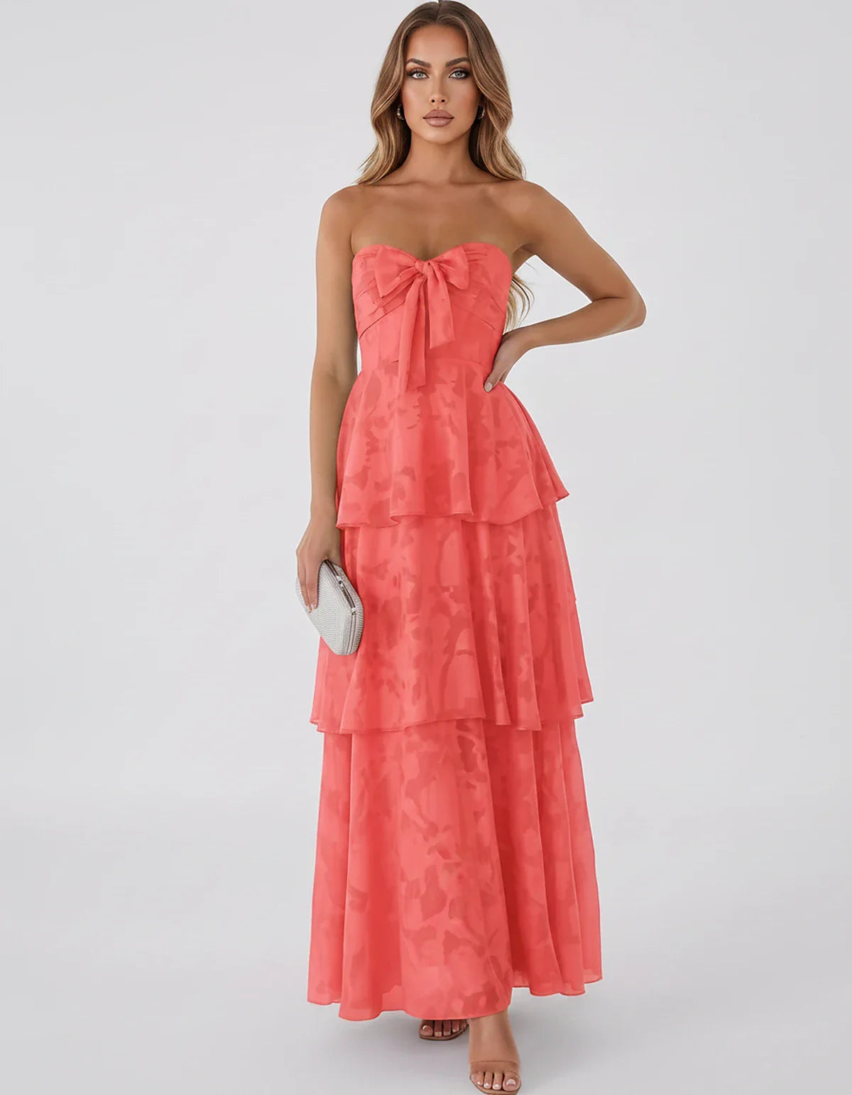 Jacquard Chiffon Sleeveless Sweetheart A-Line Maxi Dress for Party, Cocktail, Evening, Wedding Guest, Prom & Summer Events, f | SKU: SM-874531962847105-CORAL-L,SM-874531962847105-CORAL-M,SM-874531962847105-CORAL-S,SM-874531962847105-CORAL-XL,SM-874531962847105-CORAL-XS