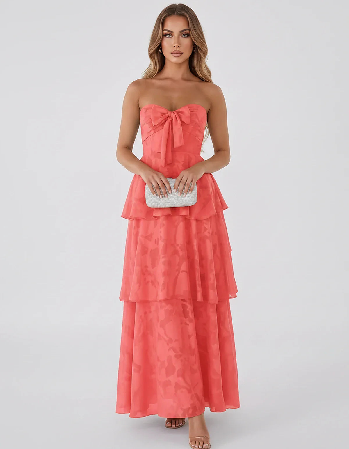 Jacquard Chiffon Sleeveless Sweetheart A-Line Maxi Dress for Party, Cocktail, Evening, Wedding Guest, Prom & Summer Events, f | SKU: SM-874531962847105-CORAL-L,SM-874531962847105-CORAL-M,SM-874531962847105-CORAL-S,SM-874531962847105-CORAL-XL,SM-874531962847105-CORAL-XS