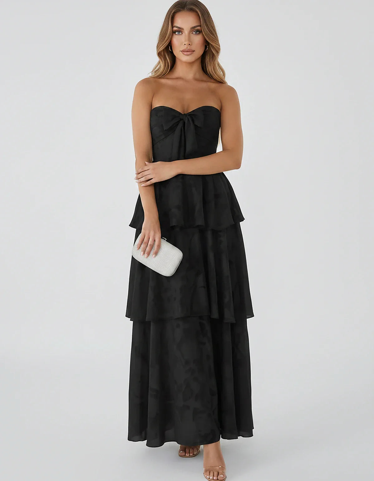 Jacquard Chiffon Sleeveless Sweetheart A-Line Maxi Dress for Party, Cocktail, Evening, Wedding Guest, Prom & Summer Events, f | SKU: SM-874531962847105-BLACK-L,SM-874531962847105-BLACK-M,SM-874531962847105-BLACK-S,SM-874531962847105-BLACK-XL,SM-874531962847105-BLACK-XS
