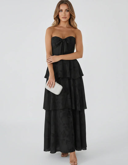 Jacquard Chiffon Sleeveless Sweetheart A-Line Maxi Dress for Party, Cocktail, Evening, Wedding Guest, Prom & Summer Events, f | SKU: SM-874531962847105-BLACK-L,SM-874531962847105-BLACK-M,SM-874531962847105-BLACK-S,SM-874531962847105-BLACK-XL,SM-874531962847105-BLACK-XS