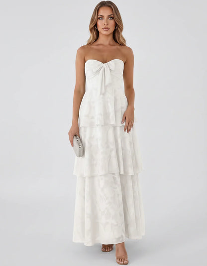 Jacquard Chiffon Sleeveless Sweetheart A-Line Maxi Dress for Party, Cocktail, Evening, Wedding Guest, Prom & Summer Events, f | SKU: SM-874531962847105-IVORY-L,SM-874531962847105-IVORY-M,SM-874531962847105-IVORY-S,SM-874531962847105-IVORY-XL,SM-874531962847105-IVORY-XS