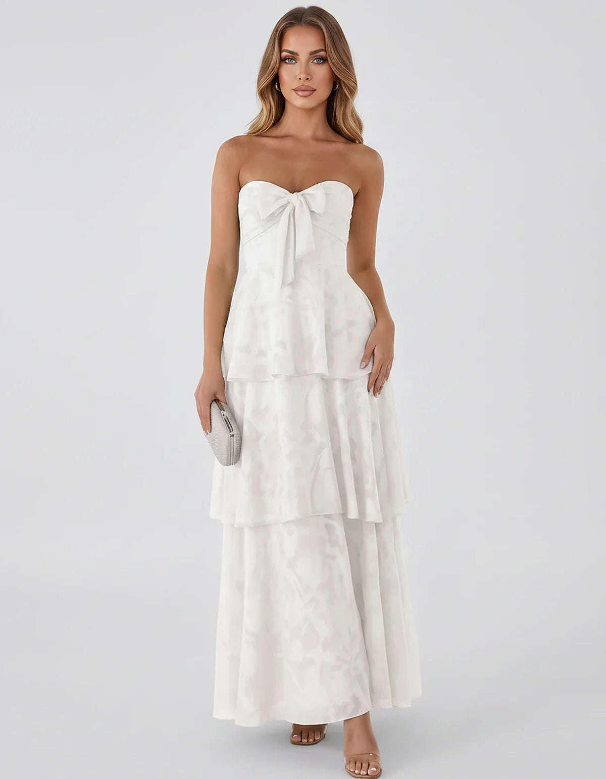 Jacquard Chiffon Sleeveless Sweetheart A-Line Maxi Dress for Party, Cocktail, Evening, Wedding Guest, Prom & Summer Events, f | SKU: SM-874531962847105-IVORY-L,SM-874531962847105-IVORY-M,SM-874531962847105-IVORY-S,SM-874531962847105-IVORY-XL,SM-874531962847105-IVORY-XS