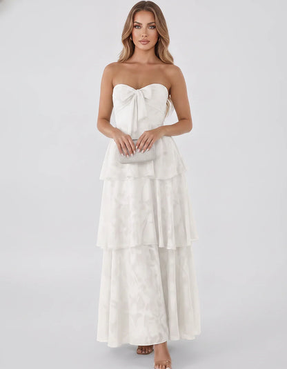 Jacquard Chiffon Sleeveless Sweetheart A-Line Maxi Dress for Party, Cocktail, Evening, Wedding Guest, Prom & Summer Events, f | SKU: SM-874531962847105-IVORY-L,SM-874531962847105-IVORY-M,SM-874531962847105-IVORY-S,SM-874531962847105-IVORY-XL,SM-874531962847105-IVORY-XS