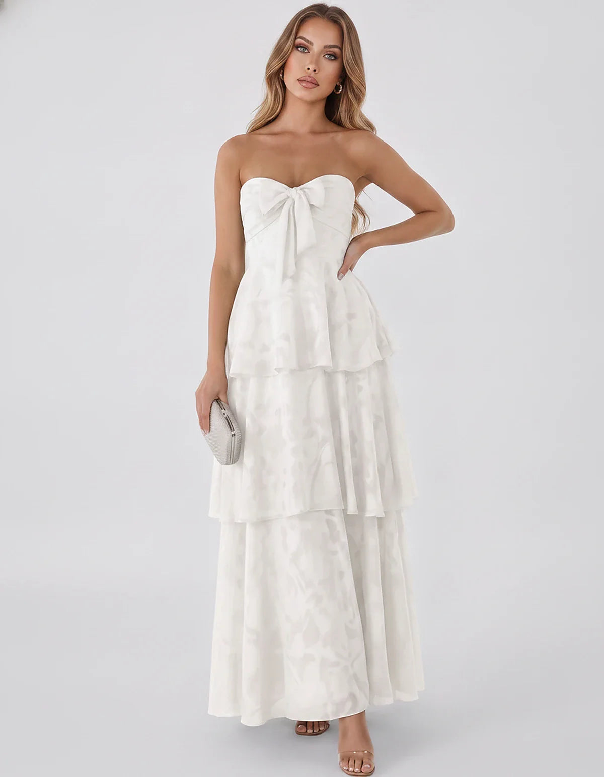 Jacquard Chiffon Sleeveless Sweetheart A-Line Maxi Dress for Party, Cocktail, Evening, Wedding Guest, Prom & Summer Events, f | SKU: SM-874531962847105-IVORY-L,SM-874531962847105-IVORY-M,SM-874531962847105-IVORY-S,SM-874531962847105-IVORY-XL,SM-874531962847105-IVORY-XS
