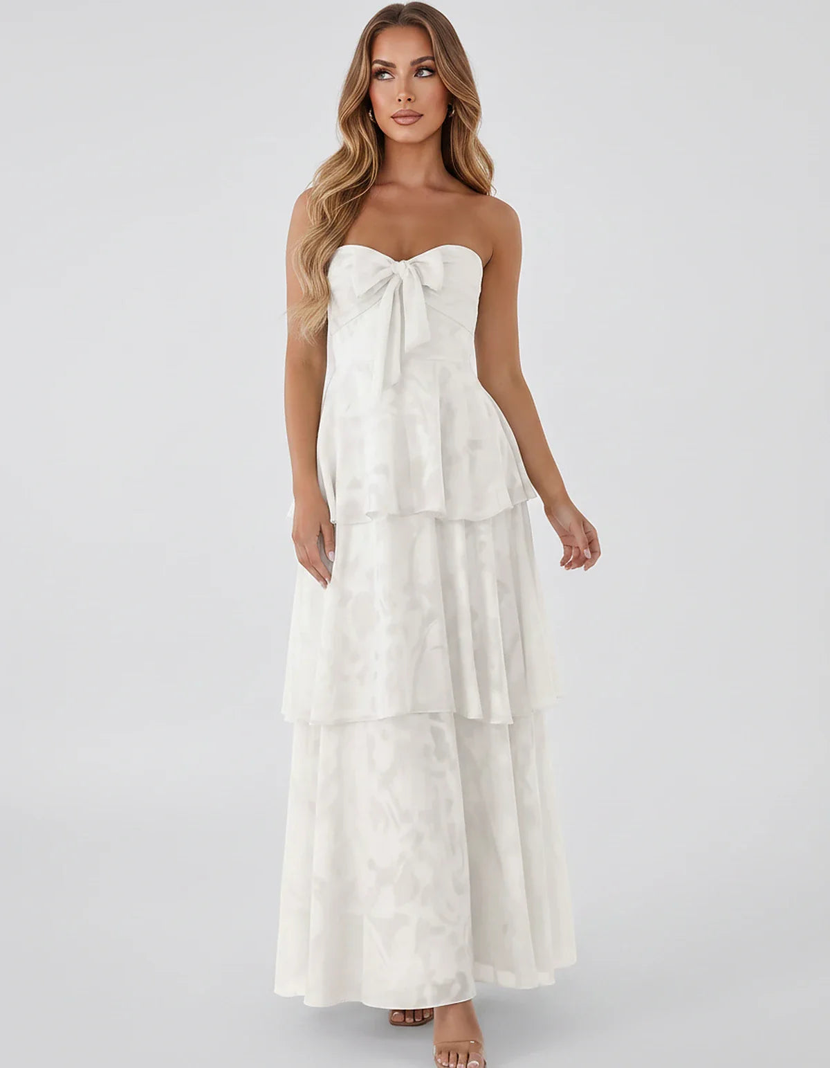 Jacquard Chiffon Sleeveless Sweetheart A-Line Maxi Dress for Party, Cocktail, Evening, Wedding Guest, Prom & Summer Events, f | SKU: SM-874531962847105-IVORY-L,SM-874531962847105-IVORY-M,SM-874531962847105-IVORY-S,SM-874531962847105-IVORY-XL,SM-874531962847105-IVORY-XS