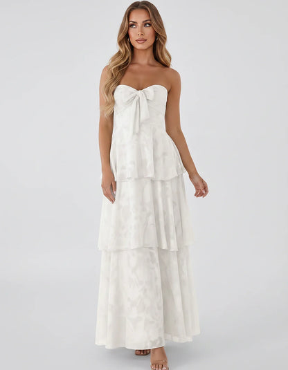 Jacquard Chiffon Sleeveless Sweetheart A-Line Maxi Dress for Party, Cocktail, Evening, Wedding Guest, Prom & Summer Events, f | SKU: SM-874531962847105-IVORY-L,SM-874531962847105-IVORY-M,SM-874531962847105-IVORY-S,SM-874531962847105-IVORY-XL,SM-874531962847105-IVORY-XS