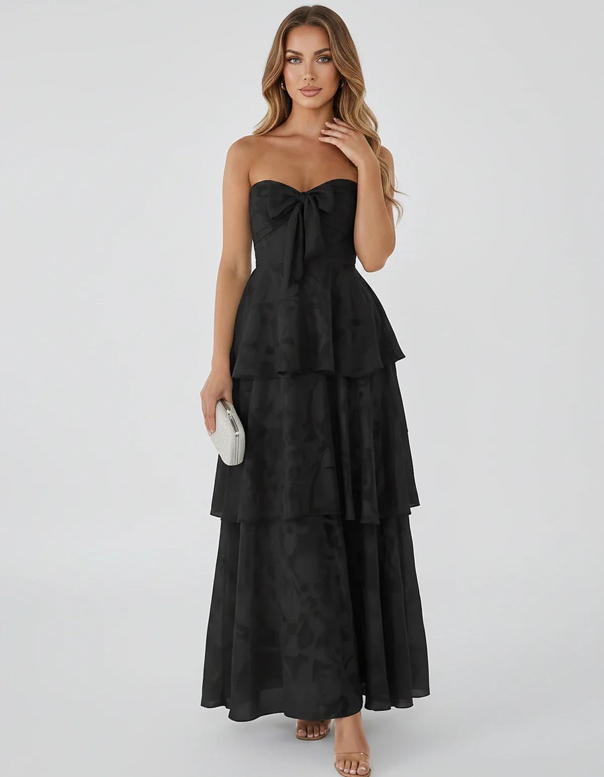 Jacquard Chiffon Sleeveless Sweetheart A-Line Maxi Dress for Party, Cocktail, Evening, Wedding Guest, Prom & Summer Events, f | SKU: SM-874531962847105-BLACK-L,SM-874531962847105-BLACK-M,SM-874531962847105-BLACK-S,SM-874531962847105-BLACK-XL,SM-874531962847105-BLACK-XS