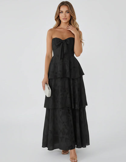 Jacquard Chiffon Sleeveless Sweetheart A-Line Maxi Dress for Party, Cocktail, Evening, Wedding Guest, Prom & Summer Events, f | SKU: SM-874531962847105-BLACK-L,SM-874531962847105-BLACK-M,SM-874531962847105-BLACK-S,SM-874531962847105-BLACK-XL,SM-874531962847105-BLACK-XS