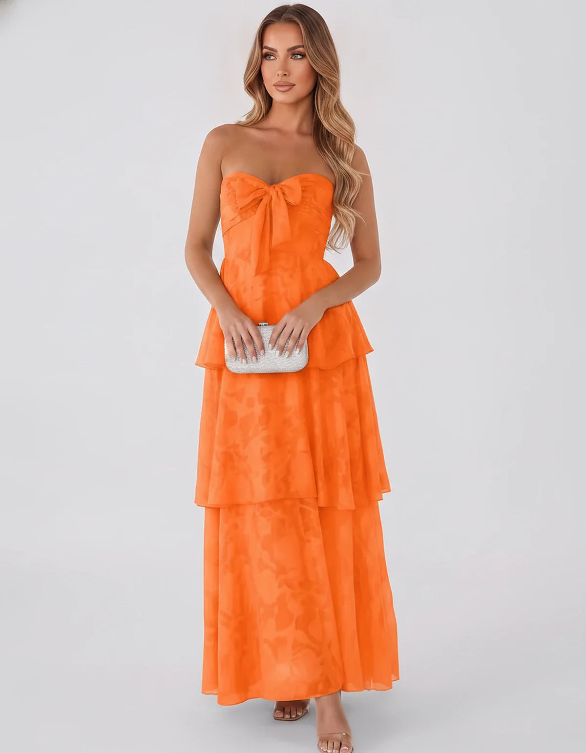 Jacquard Chiffon Sleeveless Sweetheart A-Line Maxi Dress for Party, Cocktail, Evening, Wedding Guest, Prom & Summer Events, f | SKU: SM-874531962847105-ORANGE-L,SM-874531962847105-ORANGE-M,SM-874531962847105-ORANGE-S,SM-874531962847105-ORANGE-XL,SM-874531962847105-ORANGE-XS