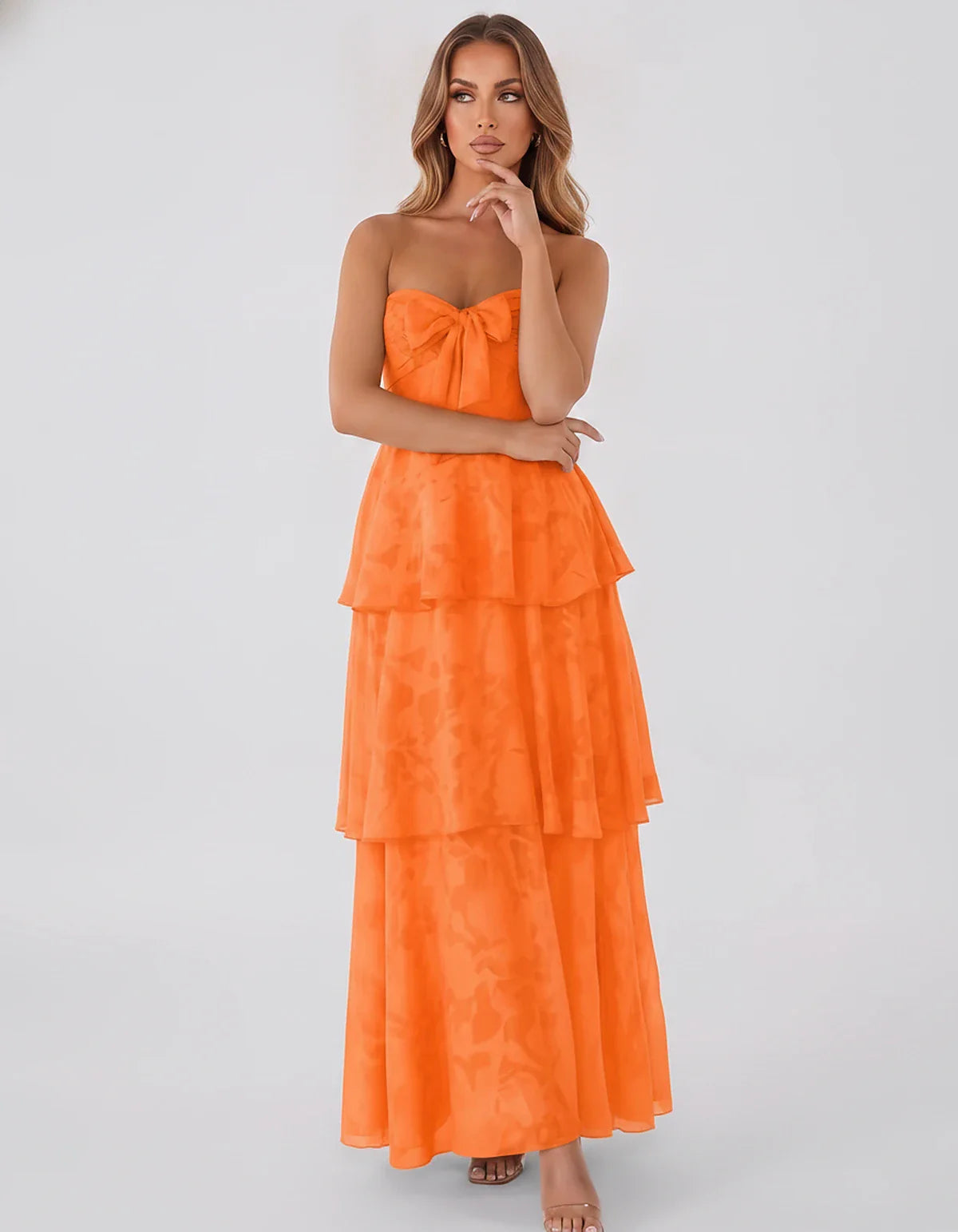 Jacquard Chiffon Sleeveless Sweetheart A-Line Maxi Dress for Party, Cocktail, Evening, Wedding Guest, Prom & Summer Events, f | SKU: SM-874531962847105-ORANGE-L,SM-874531962847105-ORANGE-M,SM-874531962847105-ORANGE-S,SM-874531962847105-ORANGE-XL,SM-874531962847105-ORANGE-XS