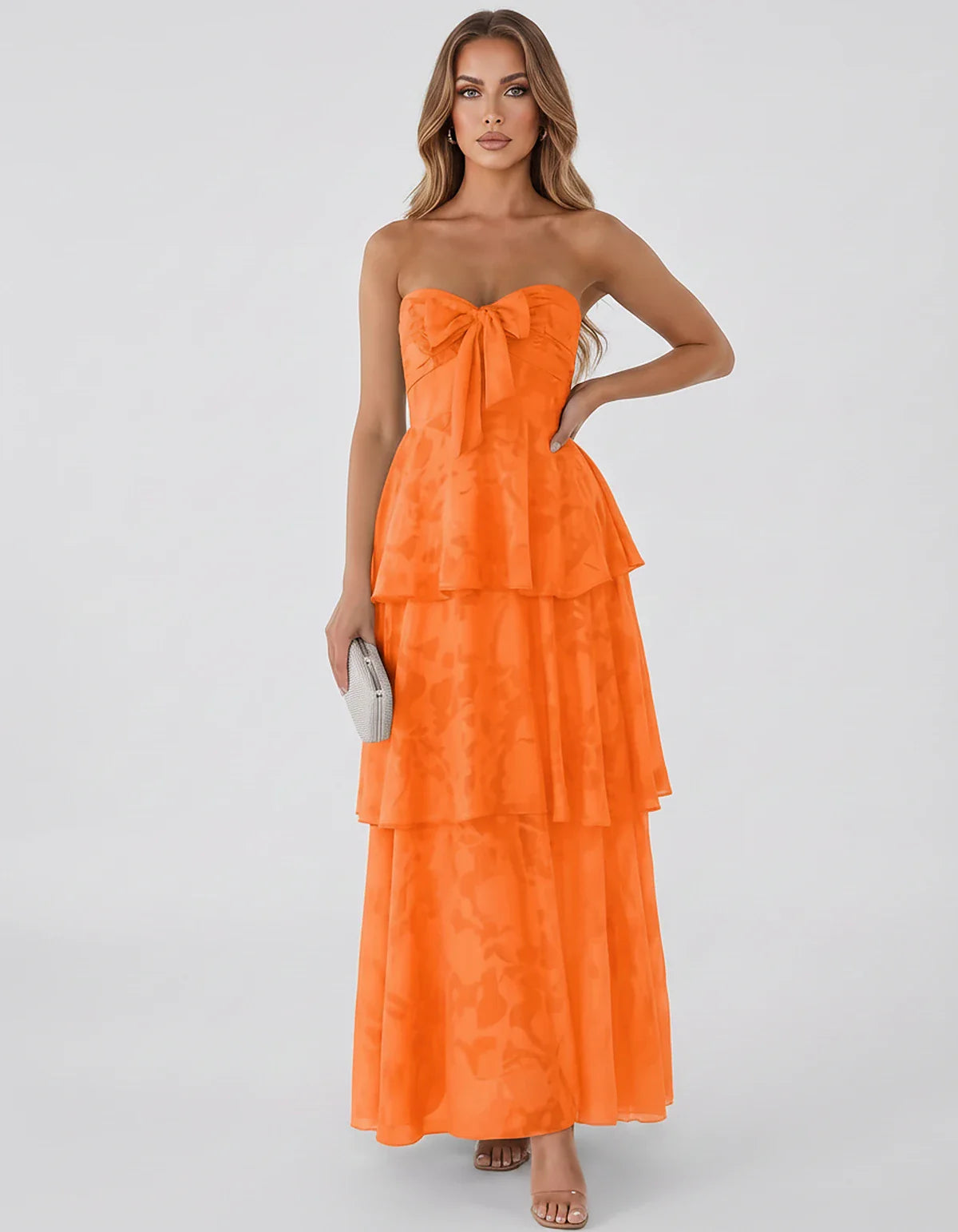Jacquard Chiffon Sleeveless Sweetheart A-Line Maxi Dress for Party, Cocktail, Evening, Wedding Guest, Prom & Summer Events, f | SKU: SM-874531962847105-ORANGE-L,SM-874531962847105-ORANGE-M,SM-874531962847105-ORANGE-S,SM-874531962847105-ORANGE-XL,SM-874531962847105-ORANGE-XS