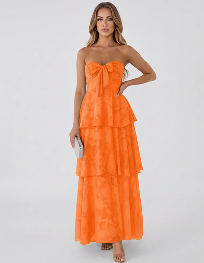 Jacquard Chiffon Sleeveless Sweetheart A-Line Maxi Dress for Party, Cocktail, Evening, Wedding Guest, Prom & Summer Events, f | SKU: SM-874531962847105-ORANGE-L,SM-874531962847105-ORANGE-M,SM-874531962847105-ORANGE-S,SM-874531962847105-ORANGE-XL,SM-874531962847105-ORANGE-XS