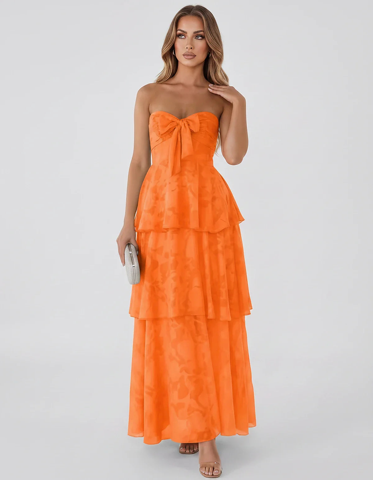 Jacquard Chiffon Sleeveless Sweetheart A-Line Maxi Dress for Party, Cocktail, Evening, Wedding Guest, Prom & Summer Events, f | SKU: SM-874531962847105-ORANGE-L,SM-874531962847105-ORANGE-M,SM-874531962847105-ORANGE-S,SM-874531962847105-ORANGE-XL,SM-874531962847105-ORANGE-XS