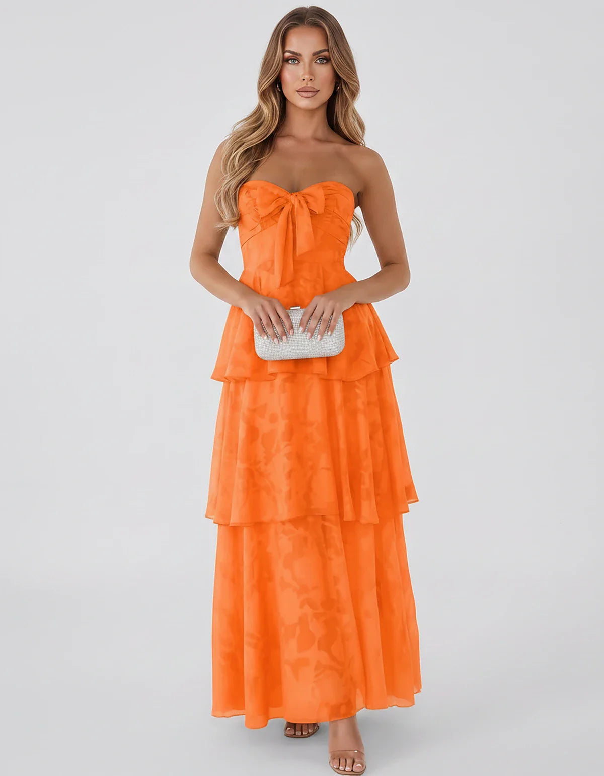 Jacquard Chiffon Sleeveless Sweetheart A-Line Maxi Dress for Party, Cocktail, Evening, Wedding Guest, Prom & Summer Events, f | SKU: SM-874531962847105-ORANGE-L,SM-874531962847105-ORANGE-M,SM-874531962847105-ORANGE-S,SM-874531962847105-ORANGE-XL,SM-874531962847105-ORANGE-XS