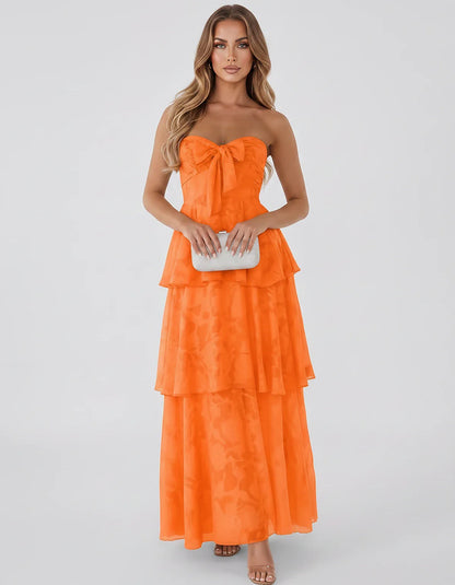 Jacquard Chiffon Sleeveless Sweetheart A-Line Maxi Dress for Party, Cocktail, Evening, Wedding Guest, Prom & Summer Events, f | SKU: SM-874531962847105-ORANGE-L,SM-874531962847105-ORANGE-M,SM-874531962847105-ORANGE-S,SM-874531962847105-ORANGE-XL,SM-874531962847105-ORANGE-XS