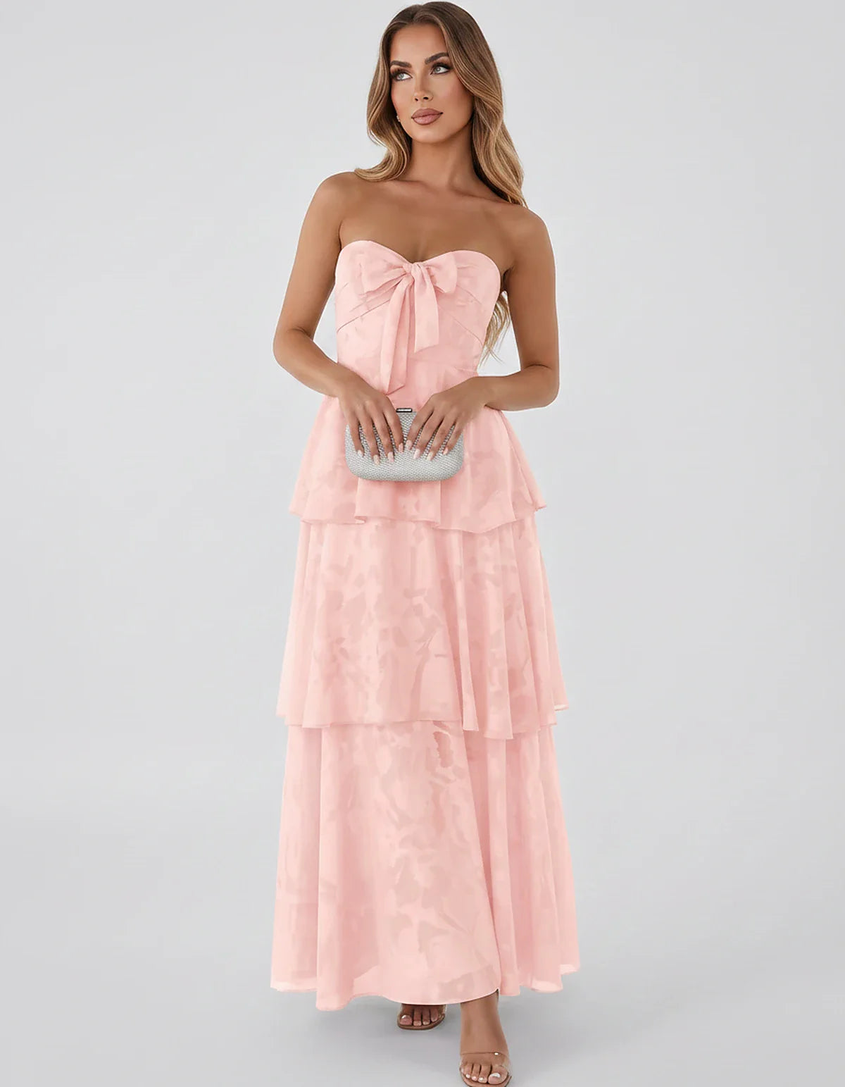 Jacquard Chiffon Sleeveless Sweetheart A-Line Maxi Dress for Party, Cocktail, Evening, Wedding Guest, Prom & Summer Events, f | SKU: SM-874531962847105-PINK-L,SM-874531962847105-PINK-M,SM-874531962847105-PINK-S,SM-874531962847105-PINK-XL,SM-874531962847105-PINK-XS