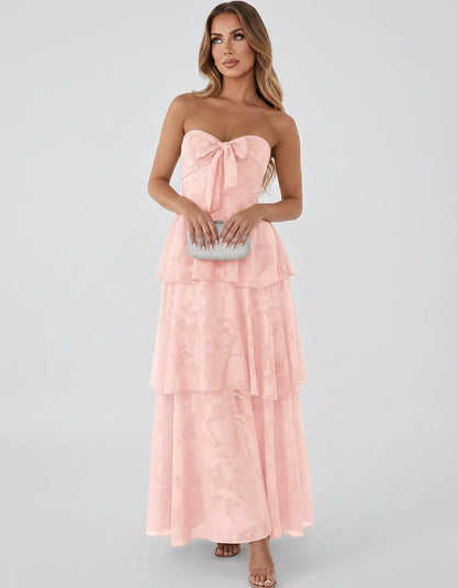 Jacquard Chiffon Sleeveless Sweetheart A-Line Maxi Dress for Party, Cocktail, Evening, Wedding Guest, Prom & Summer Events, f | SKU: SM-874531962847105-PINK-L,SM-874531962847105-PINK-M,SM-874531962847105-PINK-S,SM-874531962847105-PINK-XL,SM-874531962847105-PINK-XS