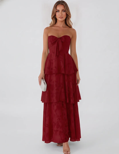 Jacquard Chiffon Sleeveless Sweetheart A-Line Maxi Dress for Party, Cocktail, Evening, Wedding Guest, Prom & Summer Events, f | SKU: SM-874531962847105-RED-L,SM-874531962847105-RED-M,SM-874531962847105-RED-S,SM-874531962847105-RED-XL,SM-874531962847105-RED-XS