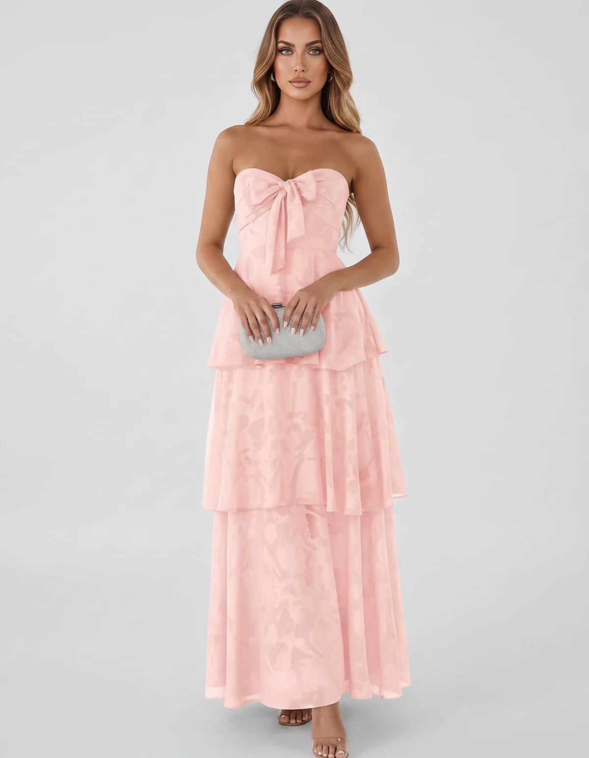 Jacquard Chiffon Sleeveless Sweetheart A-Line Maxi Dress for Party, Cocktail, Evening, Wedding Guest, Prom & Summer Events, f | SKU: SM-874531962847105-PINK-L,SM-874531962847105-PINK-M,SM-874531962847105-PINK-S,SM-874531962847105-PINK-XL,SM-874531962847105-PINK-XS