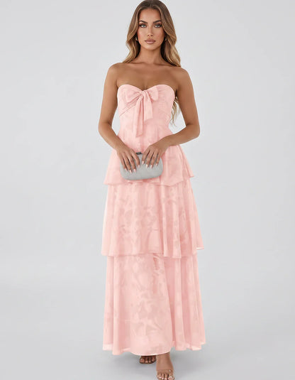 Jacquard Chiffon Sleeveless Sweetheart A-Line Maxi Dress for Party, Cocktail, Evening, Wedding Guest, Prom & Summer Events, f | SKU: SM-874531962847105-PINK-L,SM-874531962847105-PINK-M,SM-874531962847105-PINK-S,SM-874531962847105-PINK-XL,SM-874531962847105-PINK-XS