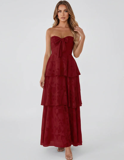 Jacquard Chiffon Sleeveless Sweetheart A-Line Maxi Dress for Party, Cocktail, Evening, Wedding Guest, Prom & Summer Events, f | SKU: SM-874531962847105-RED-L,SM-874531962847105-RED-M,SM-874531962847105-RED-S,SM-874531962847105-RED-XL,SM-874531962847105-RED-XS