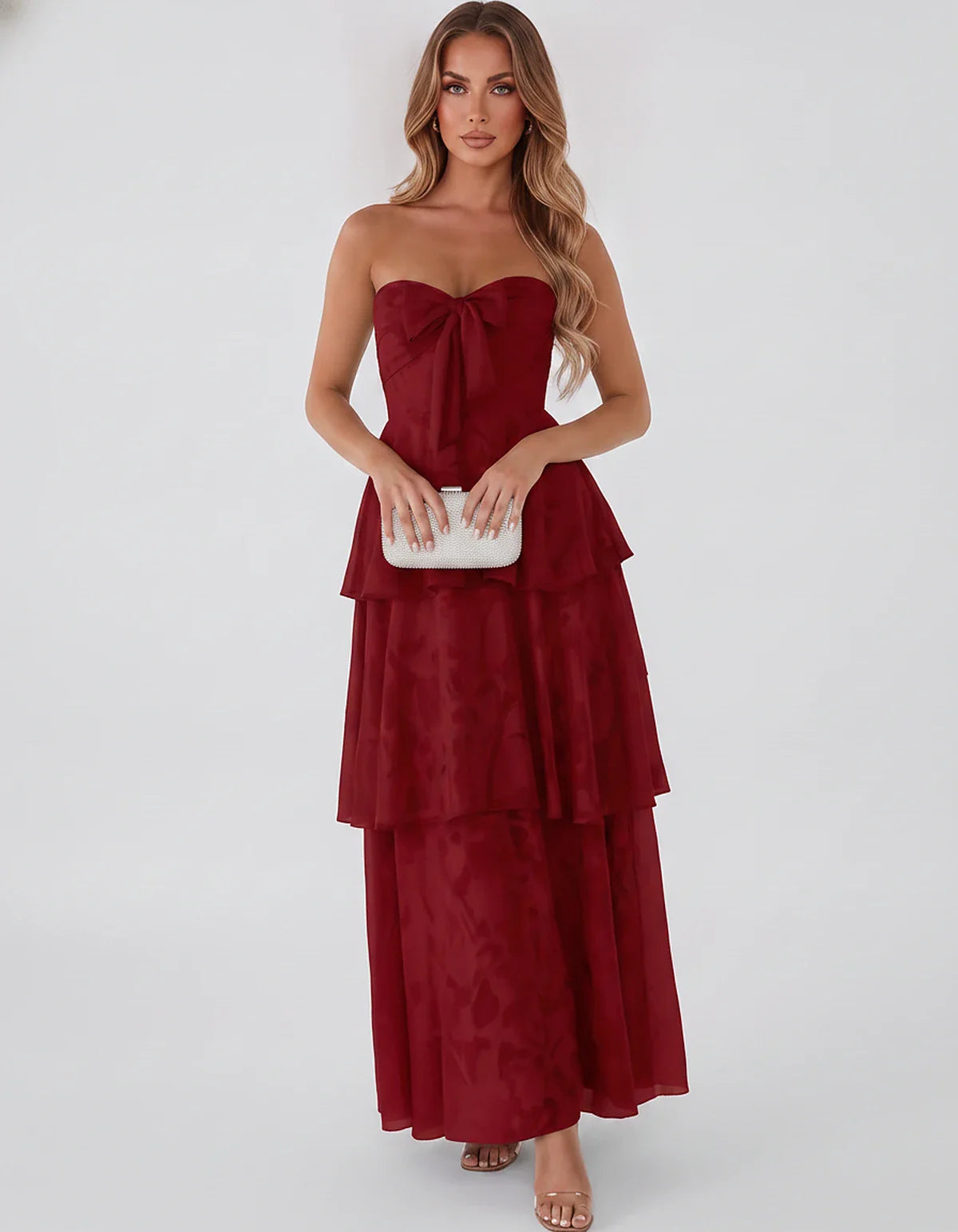 Jacquard Chiffon Sleeveless Sweetheart A-Line Maxi Dress for Party, Cocktail, Evening, Wedding Guest, Prom & Summer Events, f | SKU: SM-874531962847105-RED-L,SM-874531962847105-RED-M,SM-874531962847105-RED-S,SM-874531962847105-RED-XL,SM-874531962847105-RED-XS