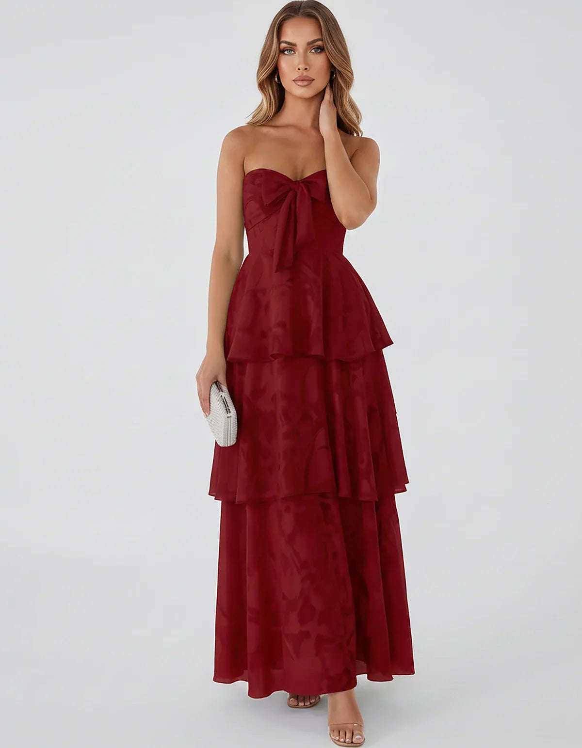 Jacquard Chiffon Sleeveless Sweetheart A-Line Maxi Dress for Party, Cocktail, Evening, Wedding Guest, Prom & Summer Events, f | SKU: SM-874531962847105-RED-L,SM-874531962847105-RED-M,SM-874531962847105-RED-S,SM-874531962847105-RED-XL,SM-874531962847105-RED-XS