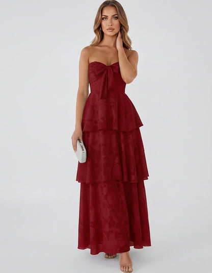Jacquard Chiffon Sleeveless Sweetheart A-Line Maxi Dress for Party, Cocktail, Evening, Wedding Guest, Prom & Summer Events, f | SKU: SM-874531962847105-RED-L,SM-874531962847105-RED-M,SM-874531962847105-RED-S,SM-874531962847105-RED-XL,SM-874531962847105-RED-XS