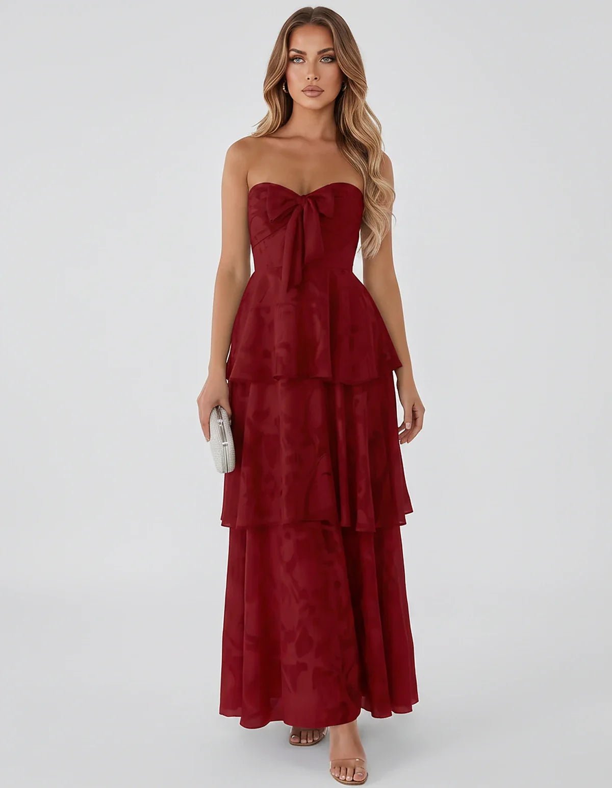 Jacquard Chiffon Sleeveless Sweetheart A-Line Maxi Dress for Party, Cocktail, Evening, Wedding Guest, Prom & Summer Events, f | SKU: SM-874531962847105-RED-L,SM-874531962847105-RED-M,SM-874531962847105-RED-S,SM-874531962847105-RED-XL,SM-874531962847105-RED-XS