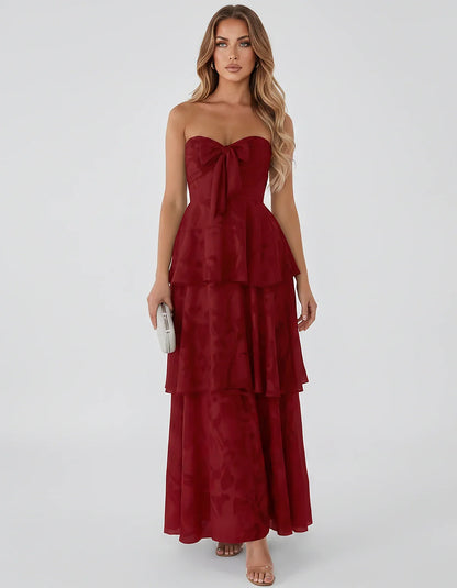 Jacquard Chiffon Sleeveless Sweetheart A-Line Maxi Dress for Party, Cocktail, Evening, Wedding Guest, Prom & Summer Events, f | SKU: SM-874531962847105-RED-L,SM-874531962847105-RED-M,SM-874531962847105-RED-S,SM-874531962847105-RED-XL,SM-874531962847105-RED-XS