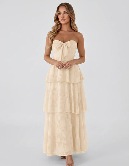 Jacquard Chiffon Sleeveless Sweetheart A-Line Maxi Dress for Party, Cocktail, Evening, Wedding Guest, Prom & Summer Events, f | SKU: SM-874531962847105-KHAKI-L,SM-874531962847105-KHAKI-M,SM-874531962847105-KHAKI-S,SM-874531962847105-KHAKI-XL,SM-874531962847105-KHAKI-XS