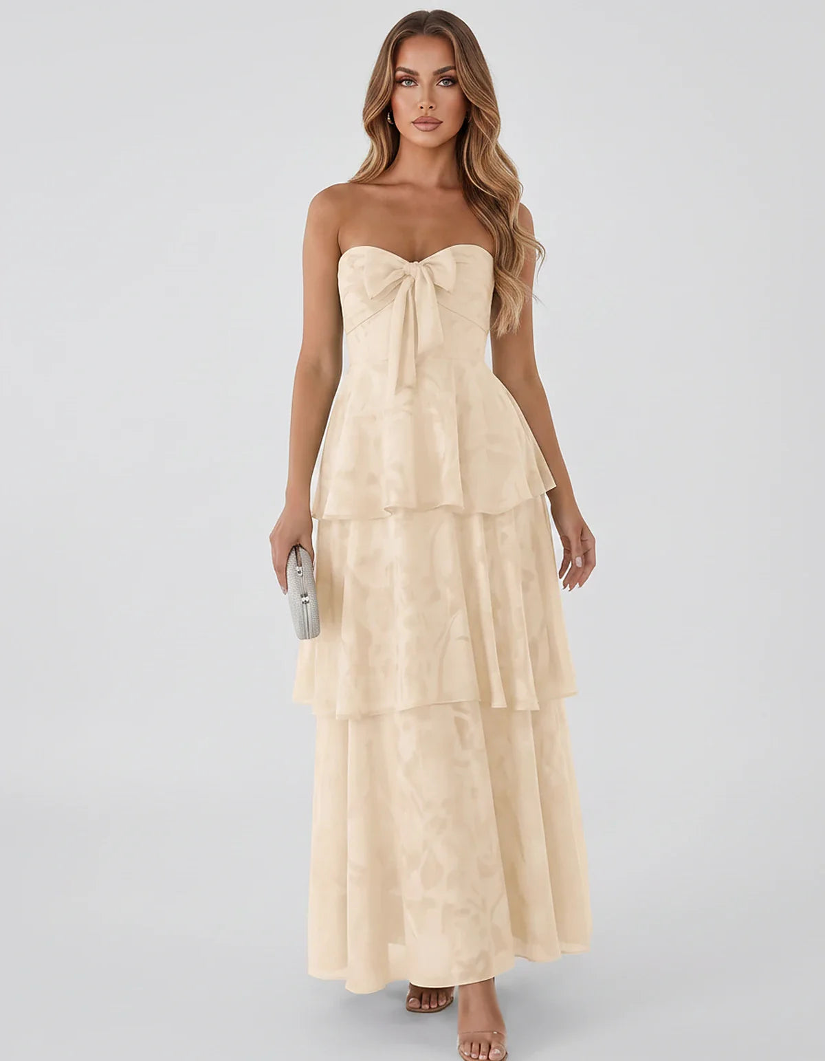 Jacquard Chiffon Sleeveless Sweetheart A-Line Maxi Dress for Party, Cocktail, Evening, Wedding Guest, Prom & Summer Events, f | SKU: SM-874531962847105-KHAKI-L,SM-874531962847105-KHAKI-M,SM-874531962847105-KHAKI-S,SM-874531962847105-KHAKI-XL,SM-874531962847105-KHAKI-XS