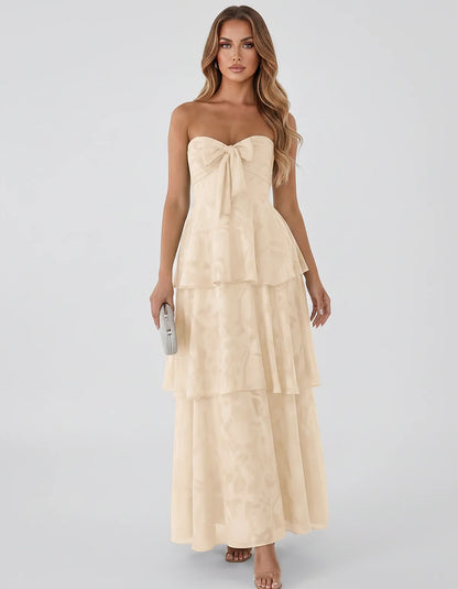 Jacquard Chiffon Sleeveless Sweetheart A-Line Maxi Dress for Party, Cocktail, Evening, Wedding Guest, Prom & Summer Events, f | SKU: SM-874531962847105-KHAKI-L,SM-874531962847105-KHAKI-M,SM-874531962847105-KHAKI-S,SM-874531962847105-KHAKI-XL,SM-874531962847105-KHAKI-XS