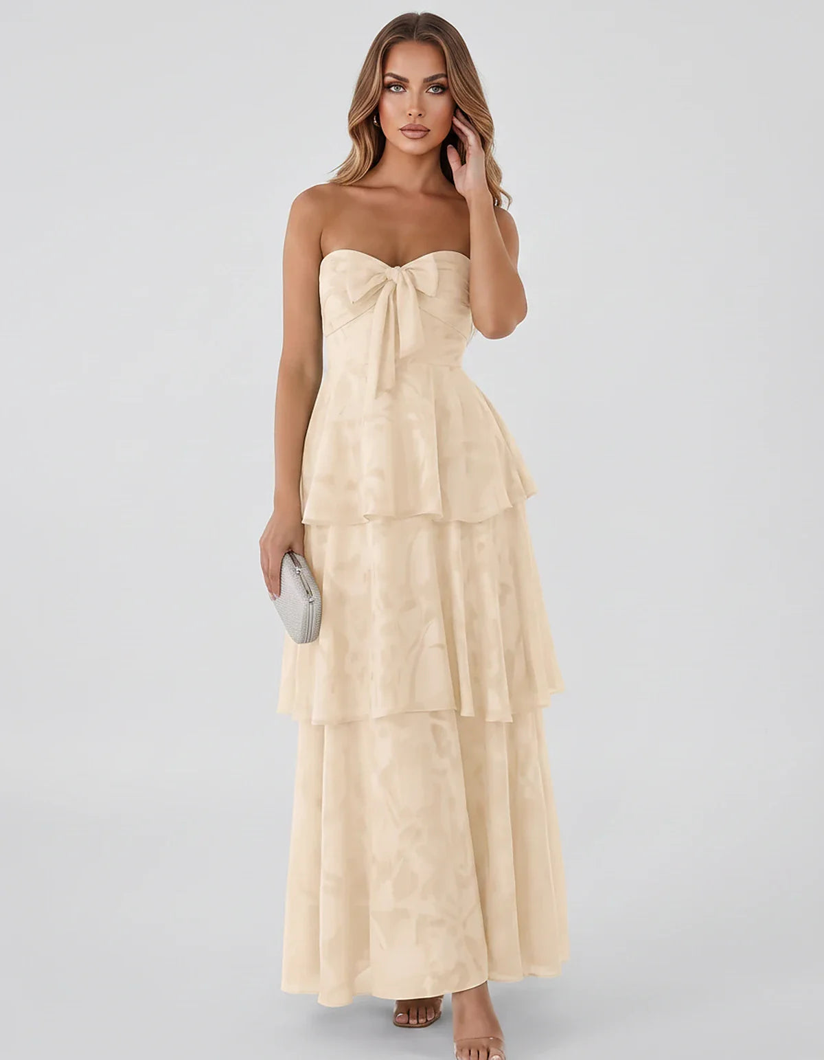 Jacquard Chiffon Sleeveless Sweetheart A-Line Maxi Dress for Party, Cocktail, Evening, Wedding Guest, Prom & Summer Events, f | SKU: SM-874531962847105-KHAKI-L,SM-874531962847105-KHAKI-M,SM-874531962847105-KHAKI-S,SM-874531962847105-KHAKI-XL,SM-874531962847105-KHAKI-XS