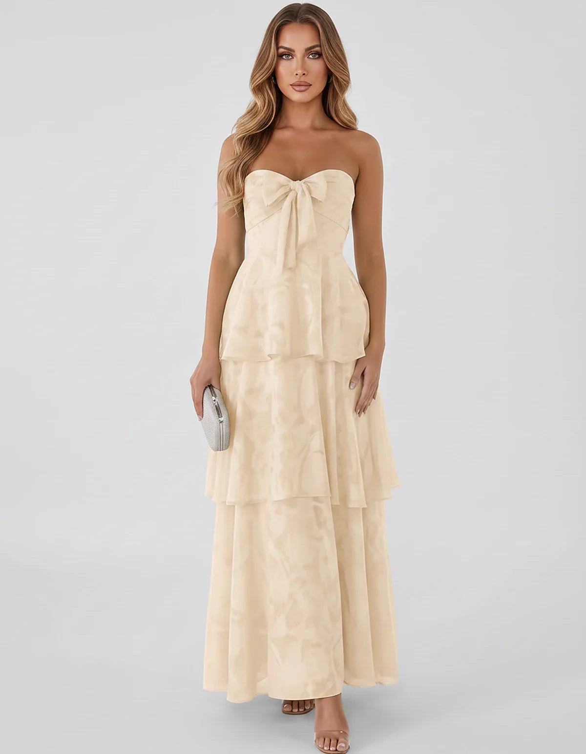 Jacquard Chiffon Sleeveless Sweetheart A-Line Maxi Dress for Party, Cocktail, Evening, Wedding Guest, Prom & Summer Events, f | SKU: SM-874531962847105-KHAKI-L,SM-874531962847105-KHAKI-M,SM-874531962847105-KHAKI-S,SM-874531962847105-KHAKI-XL,SM-874531962847105-KHAKI-XS