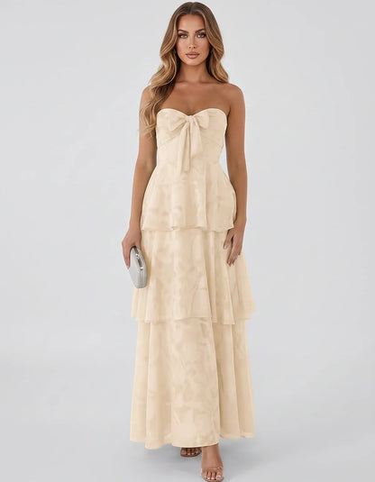 Jacquard Chiffon Sleeveless Sweetheart A-Line Maxi Dress for Party, Cocktail, Evening, Wedding Guest, Prom & Summer Events, f | SKU: SM-874531962847105-KHAKI-L,SM-874531962847105-KHAKI-M,SM-874531962847105-KHAKI-S,SM-874531962847105-KHAKI-XL,SM-874531962847105-KHAKI-XS