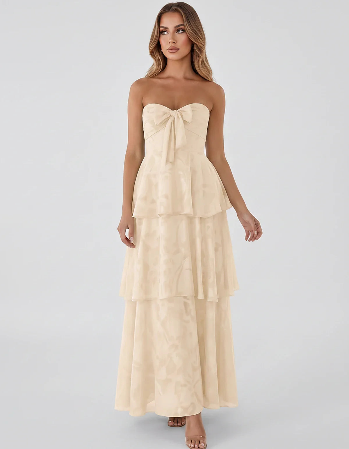 Jacquard Chiffon Sleeveless Sweetheart A-Line Maxi Dress for Party, Cocktail, Evening, Wedding Guest, Prom & Summer Events, f | SKU: SM-874531962847105-KHAKI-L,SM-874531962847105-KHAKI-M,SM-874531962847105-KHAKI-S,SM-874531962847105-KHAKI-XL,SM-874531962847105-KHAKI-XS