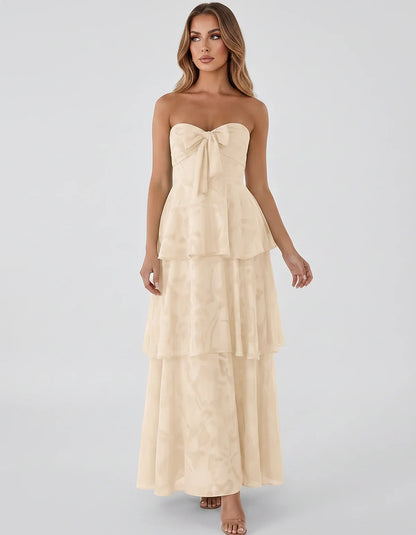 Jacquard Chiffon Sleeveless Sweetheart A-Line Maxi Dress for Party, Cocktail, Evening, Wedding Guest, Prom & Summer Events, f | SKU: SM-874531962847105-KHAKI-L,SM-874531962847105-KHAKI-M,SM-874531962847105-KHAKI-S,SM-874531962847105-KHAKI-XL,SM-874531962847105-KHAKI-XS