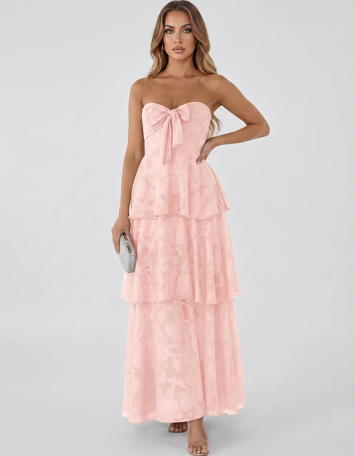 Jacquard Chiffon Sleeveless Sweetheart A-Line Maxi Dress for Party, Cocktail, Evening, Wedding Guest, Prom & Summer Events, f | SKU: SM-874531962847105-PINK-L,SM-874531962847105-PINK-M,SM-874531962847105-PINK-S,SM-874531962847105-PINK-XL,SM-874531962847105-PINK-XS