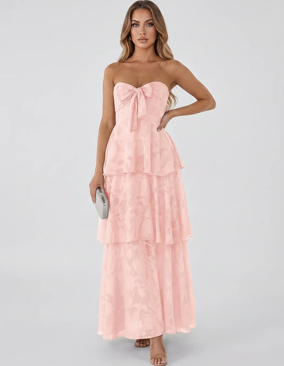 Jacquard Chiffon Sleeveless Sweetheart A-Line Maxi Dress for Party, Cocktail, Evening, Wedding Guest, Prom & Summer Events, f | SKU: SM-874531962847105-PINK-L,SM-874531962847105-PINK-M,SM-874531962847105-PINK-S,SM-874531962847105-PINK-XL,SM-874531962847105-PINK-XS