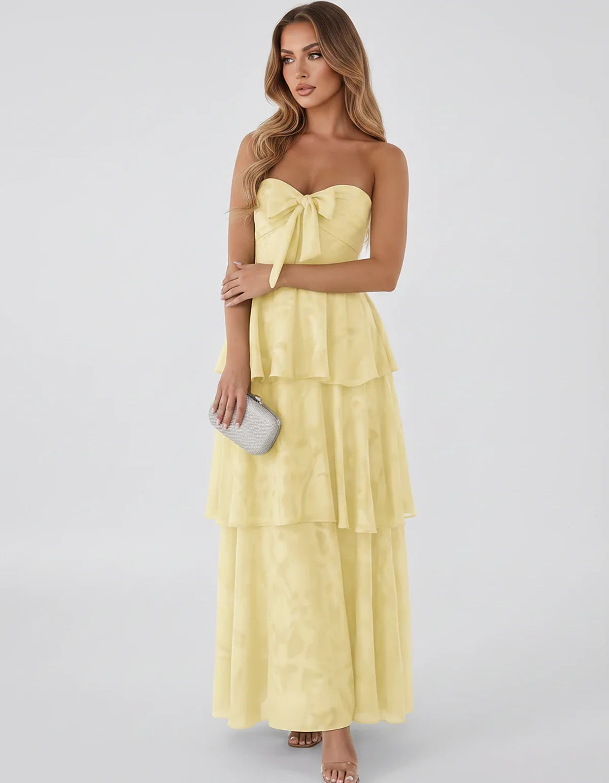 Jacquard Chiffon Sleeveless Sweetheart A-Line Maxi Dress for Party, Cocktail, Evening, Wedding Guest, Prom & Summer Events, f | SKU: SM-874531962847105-YELLOW-L,SM-874531962847105-YELLOW-M,SM-874531962847105-YELLOW-S,SM-874531962847105-YELLOW-XL,SM-874531962847105-YELLOW-XS